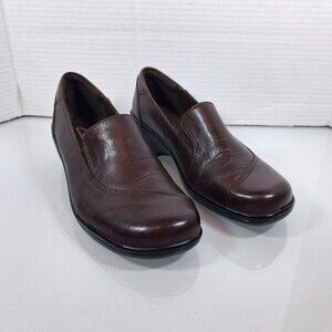 Clarks Women's May Poppy Brown Leather Loafer Wedge Heel Comfort Shoes Size 6.5